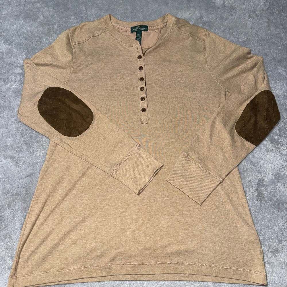 Lauren Ralph Lauren Jeans Co. Tan Long Sleeve Henley with Quilted Elbow Patches